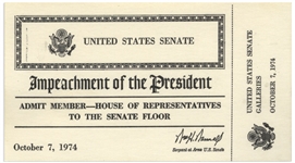 Rare U.S. Senate Ticket to the Impeachment Trial of President Richard Nixon -- Ticket Allows U.S. House Member to View Senate Proceedings